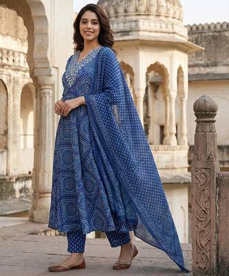 blue pure cotton anarkali regular kurta set 2