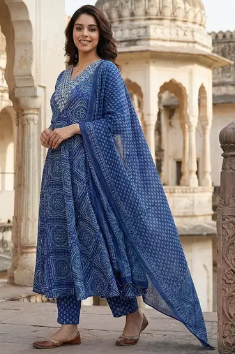 blue pure cotton anarkali regular kurta set