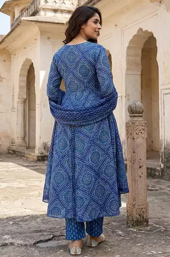 blue pure cotton anarkali regular kurta set