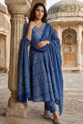 blue pure cotton anarkali regular kurta set