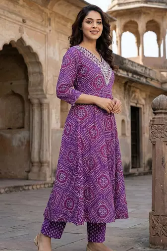 purple pure cotton anarkali regular kurta set