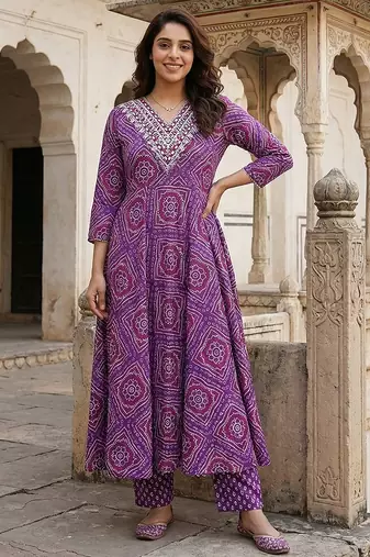 purple pure cotton anarkali regular kurta set