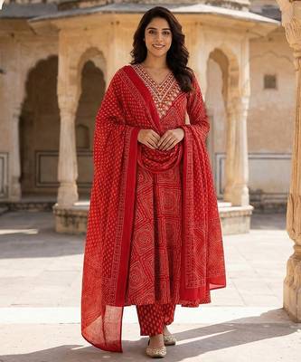 red pure cotton anarkali regular kurta set 1
