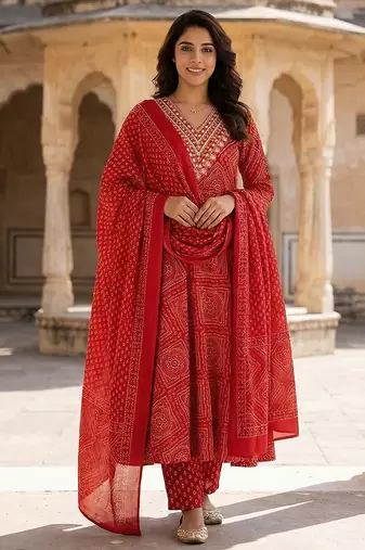 Anouk red pure cotton anarkali regular kurta set