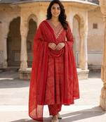 Anouk red pure cotton anarkali regular kurta set