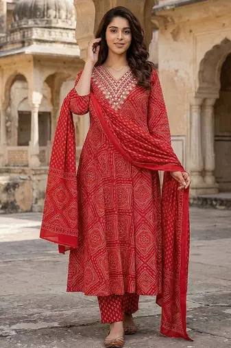 red pure cotton anarkali regular kurta set