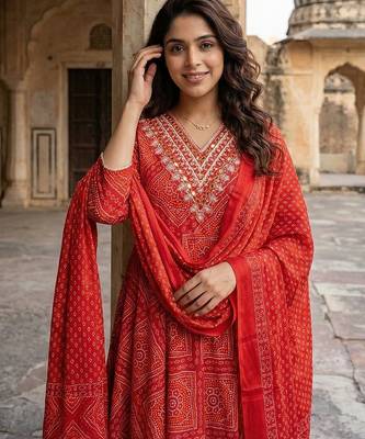 red pure cotton anarkali regular kurta set 4