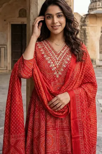 red pure cotton anarkali regular kurta set