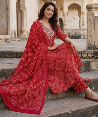 red pure cotton anarkali regular kurta set 5