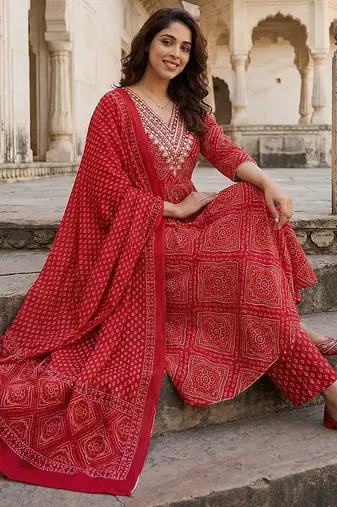 red pure cotton anarkali regular kurta set