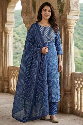 Anouk blue pure cotton straight regular kurta set
