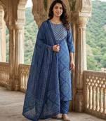 Anouk blue pure cotton straight regular kurta set