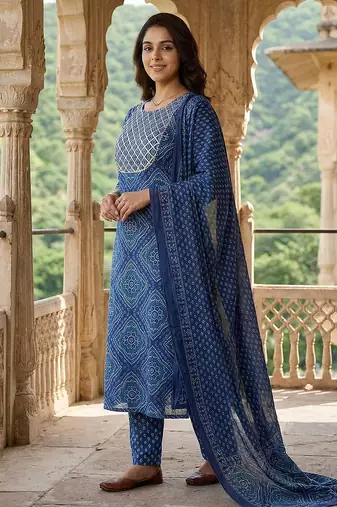blue pure cotton straight regular kurta set