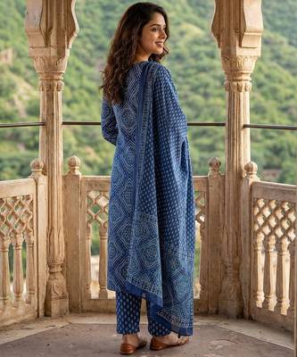 blue pure cotton straight regular kurta set 3