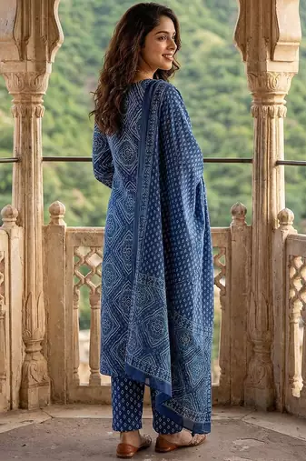 blue pure cotton straight regular kurta set