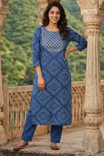 blue pure cotton straight regular kurta set