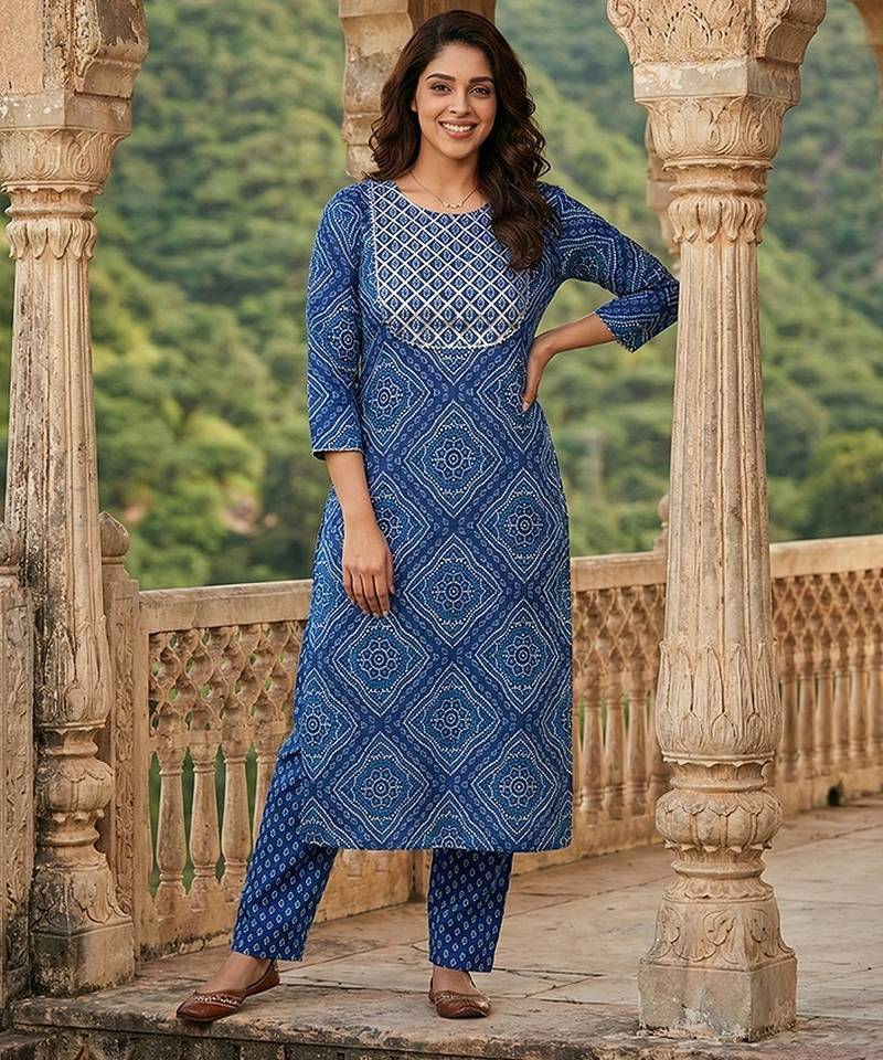 Anouk blue pure cotton straight regular kurta set