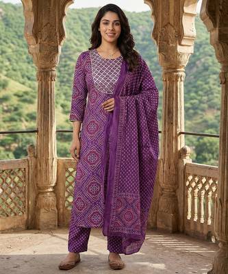 purple pure cotton straight regular kurta set 1