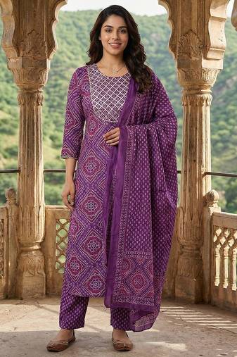 Anouk purple pure cotton straight regular kurta set