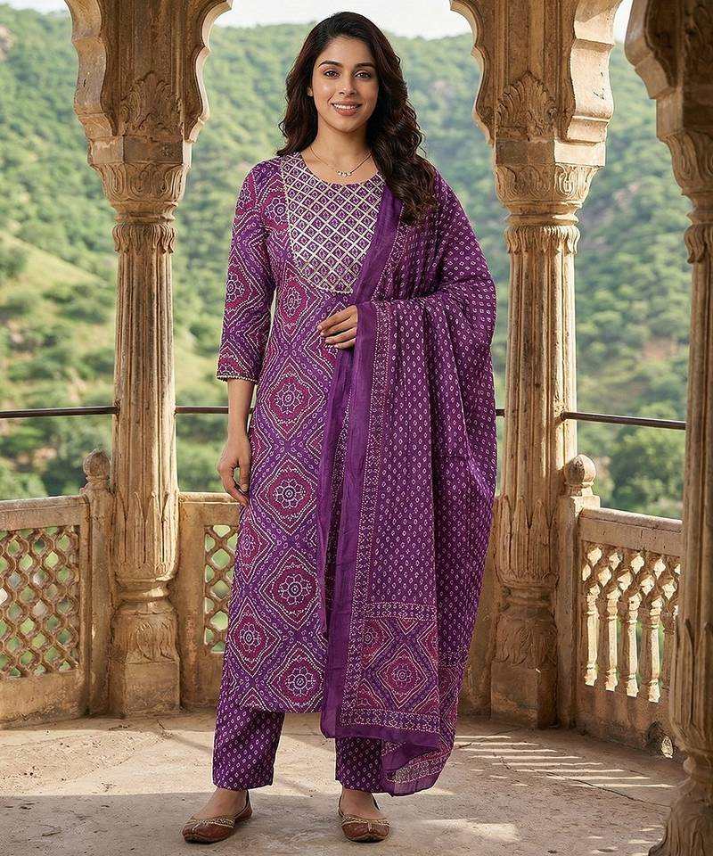 Anouk purple pure cotton straight regular kurta set