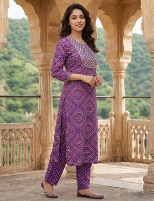 purple pure cotton straight regular kurta set 2