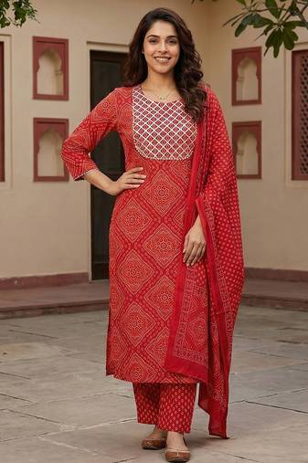 Anouk red pure cotton straight regular kurta set