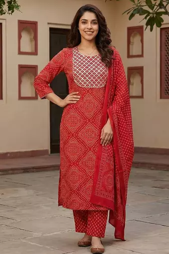 Anouk red pure cotton straight regular kurta set