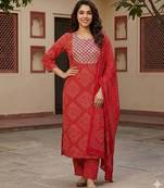 Anouk red pure cotton straight regular kurta set