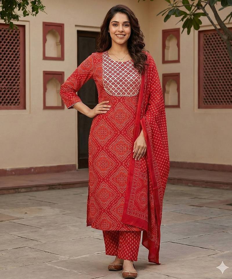 Anouk red pure cotton straight regular kurta set