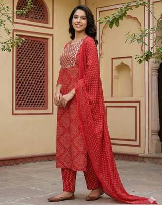 red pure cotton straight regular kurta set 2