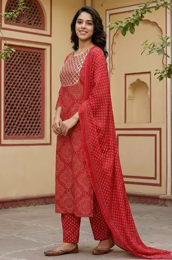 red pure cotton straight regular kurta set