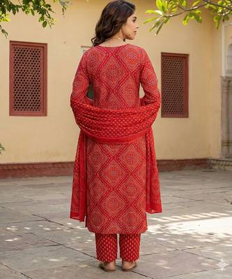 red pure cotton straight regular kurta set 3