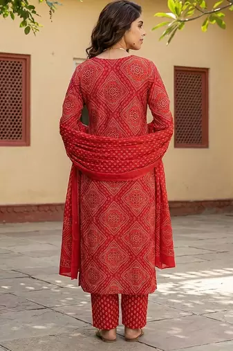 red pure cotton straight regular kurta set
