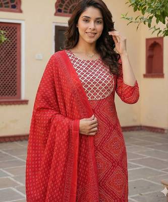 red pure cotton straight regular kurta set 4