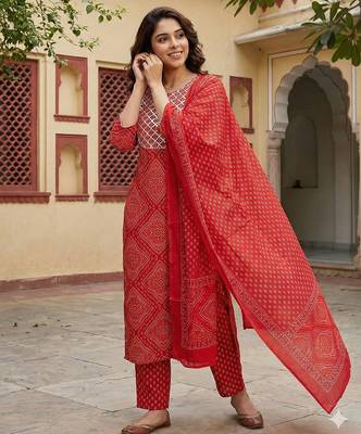 red pure cotton straight regular kurta set 5