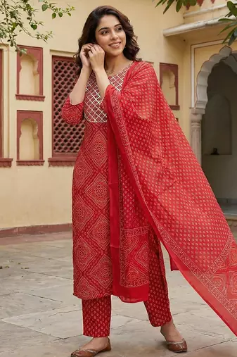 red pure cotton straight regular kurta set