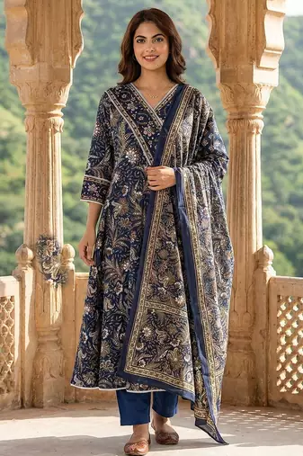 Anouk blue pure cotton anarkali angrakha kurta set