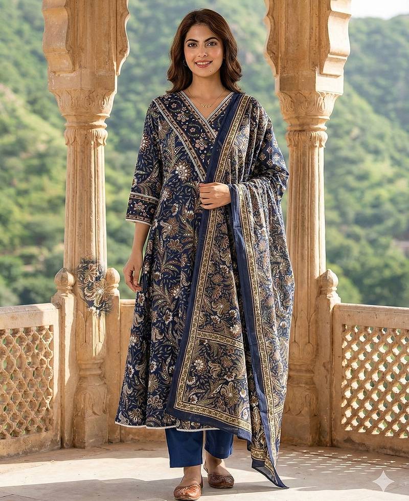 Anouk blue pure cotton anarkali angrakha kurta set