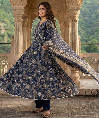 blue pure cotton anarkali angrakha kurta set 2