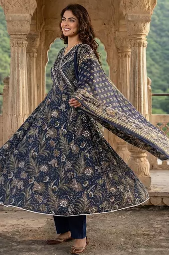 blue pure cotton anarkali angrakha kurta set