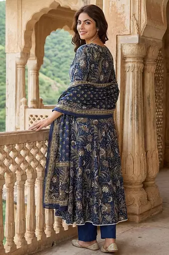 blue pure cotton anarkali angrakha kurta set