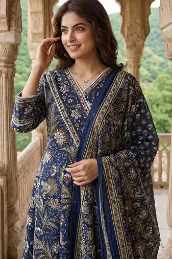 blue pure cotton anarkali angrakha kurta set