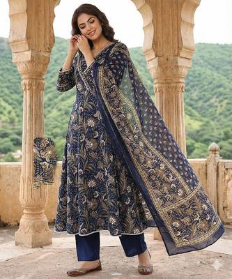 blue pure cotton anarkali angrakha kurta set 5