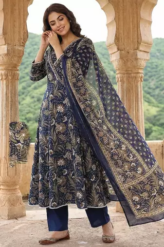 blue pure cotton anarkali angrakha kurta set