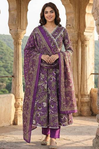 Anouk purple pure cotton anarkali angrakha kurta set