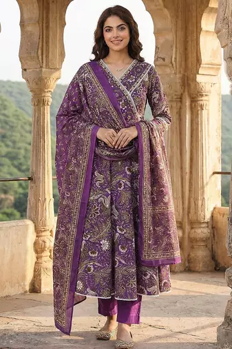 Anouk purple pure cotton anarkali angrakha kurta set