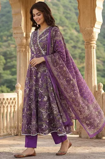 purple pure cotton anarkali angrakha kurta set