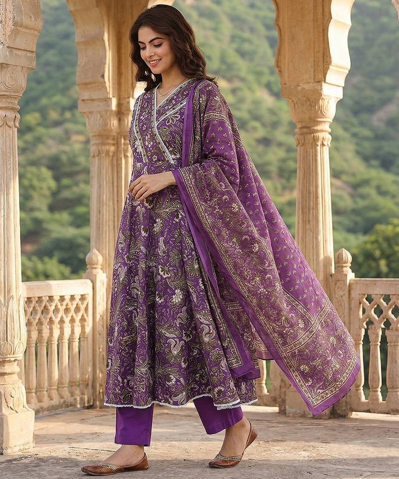 Anouk purple pure cotton anarkali angrakha kurta set