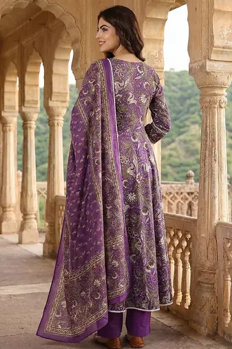 purple pure cotton anarkali angrakha kurta set