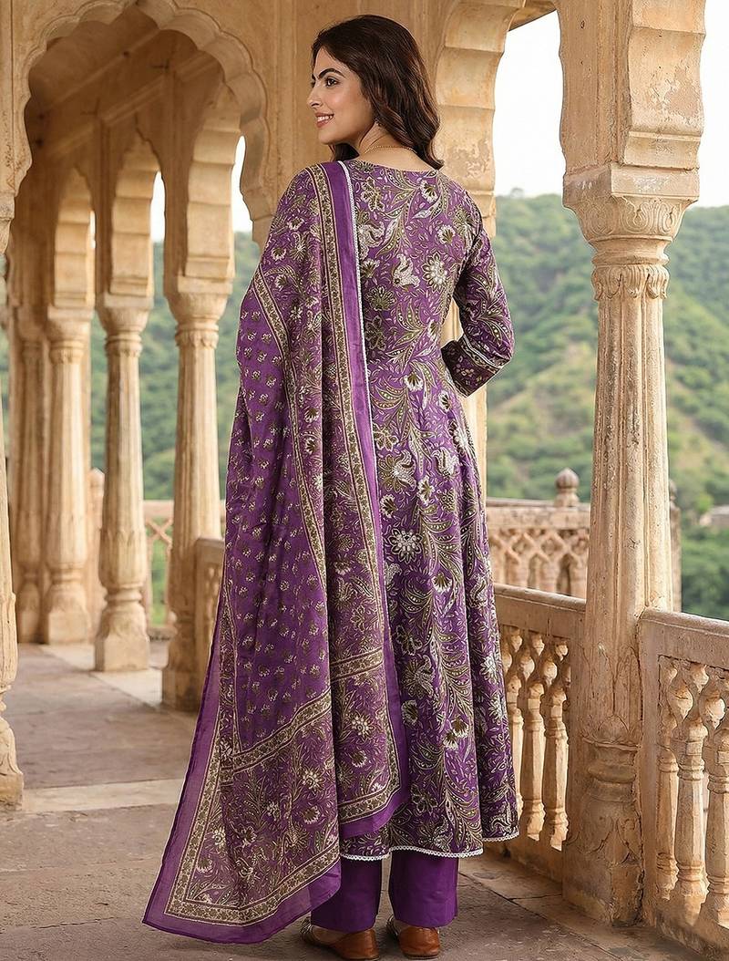 Anouk purple pure cotton anarkali angrakha kurta set
